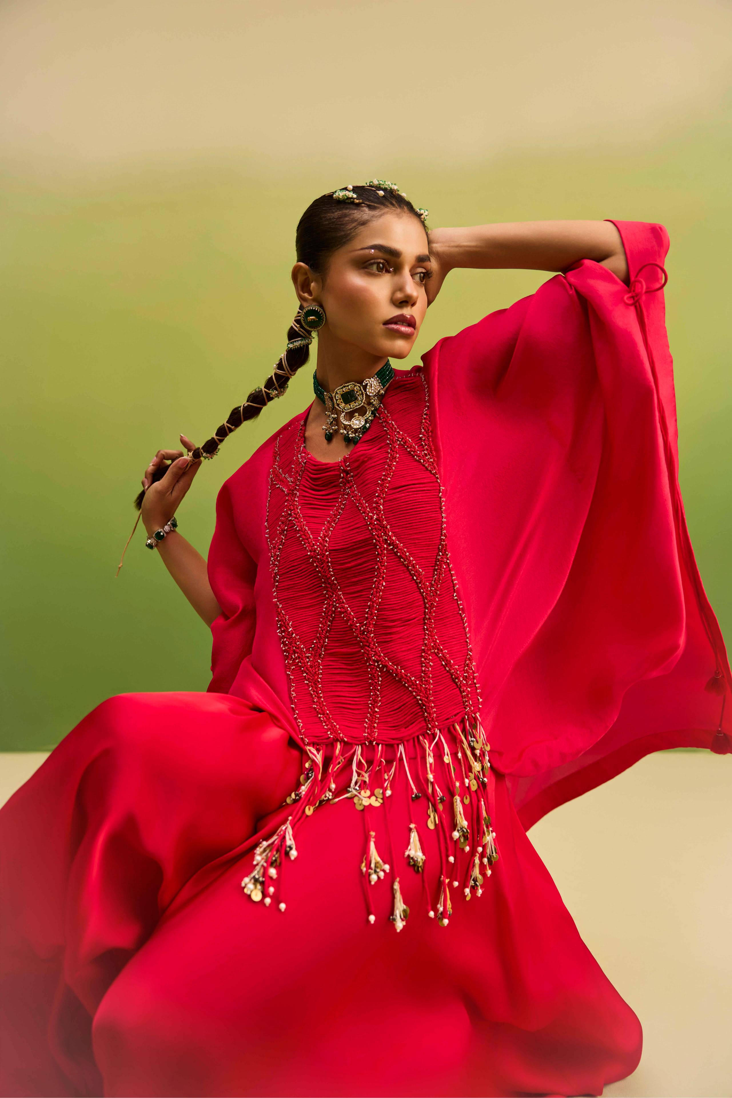 Red Kaftan Tone on Tone Work
