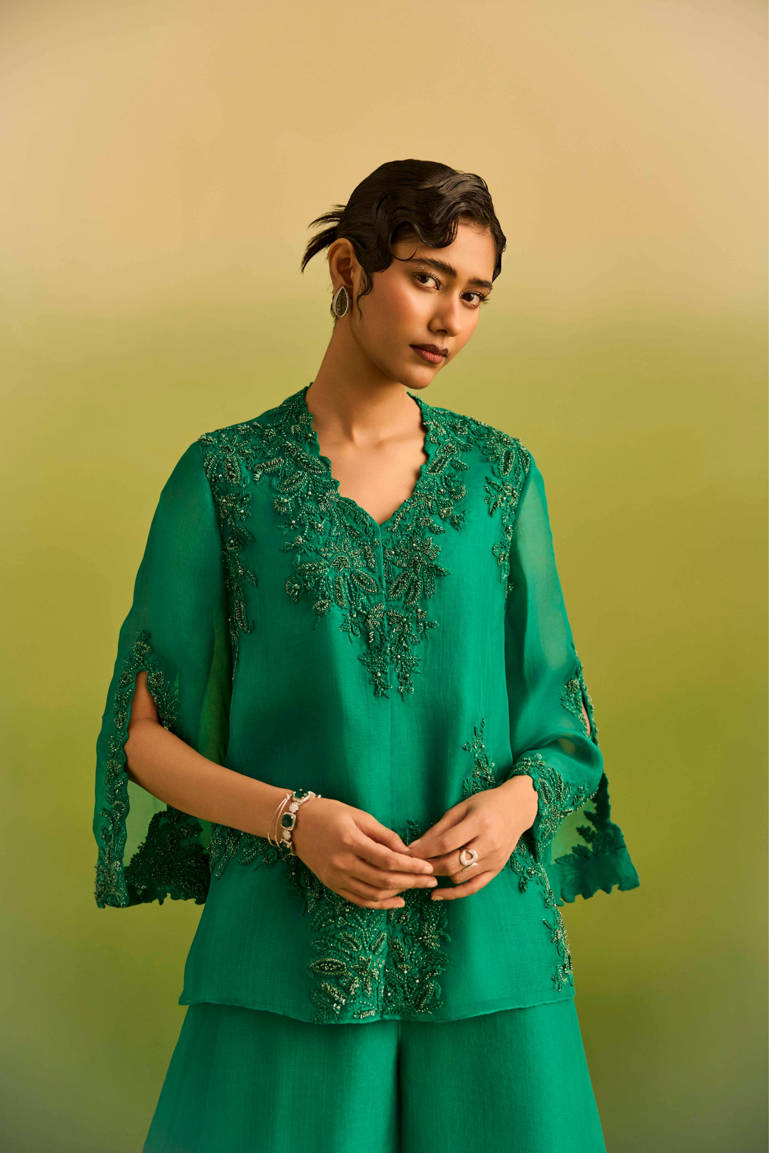 Emerald Green Front Open Kurta Set