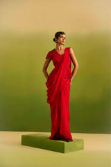 Red Dori Peplum with Drape Saree set
