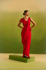 Red Dori Peplum with Drape Saree set