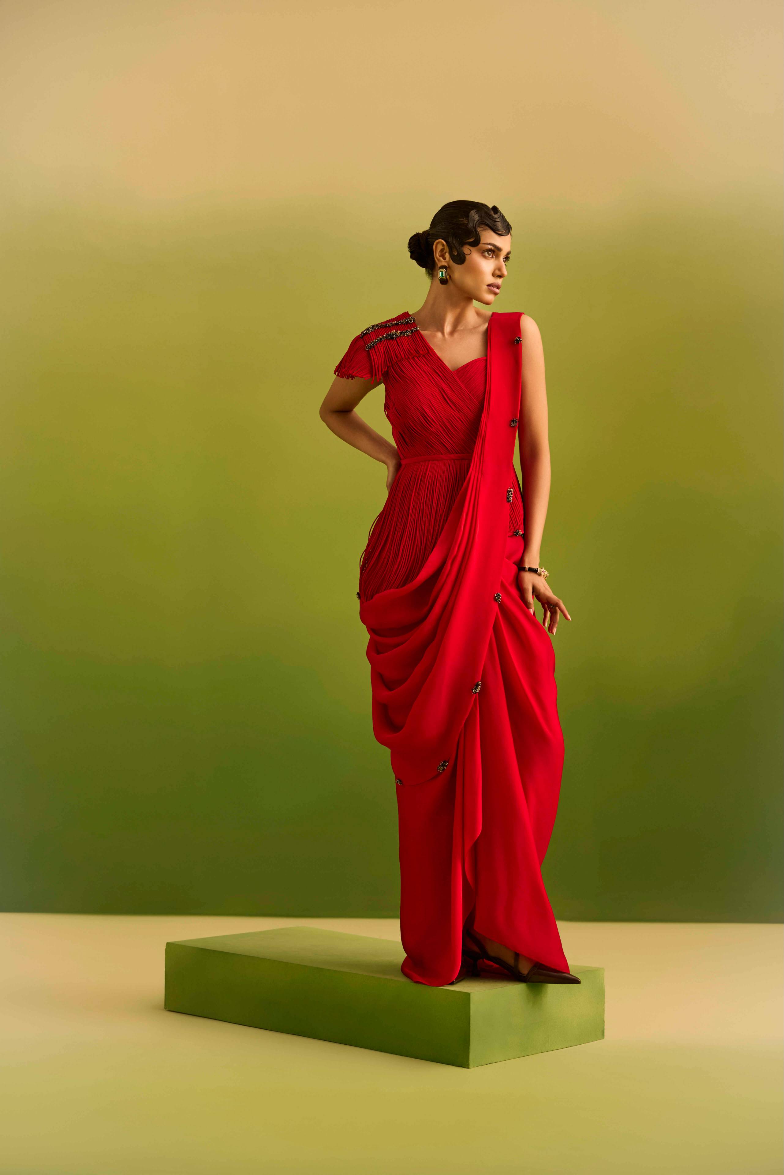 Red Dori Peplum with Drape Saree set