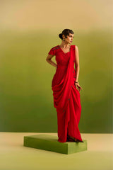 Red Dori Peplum with Drape Saree set
