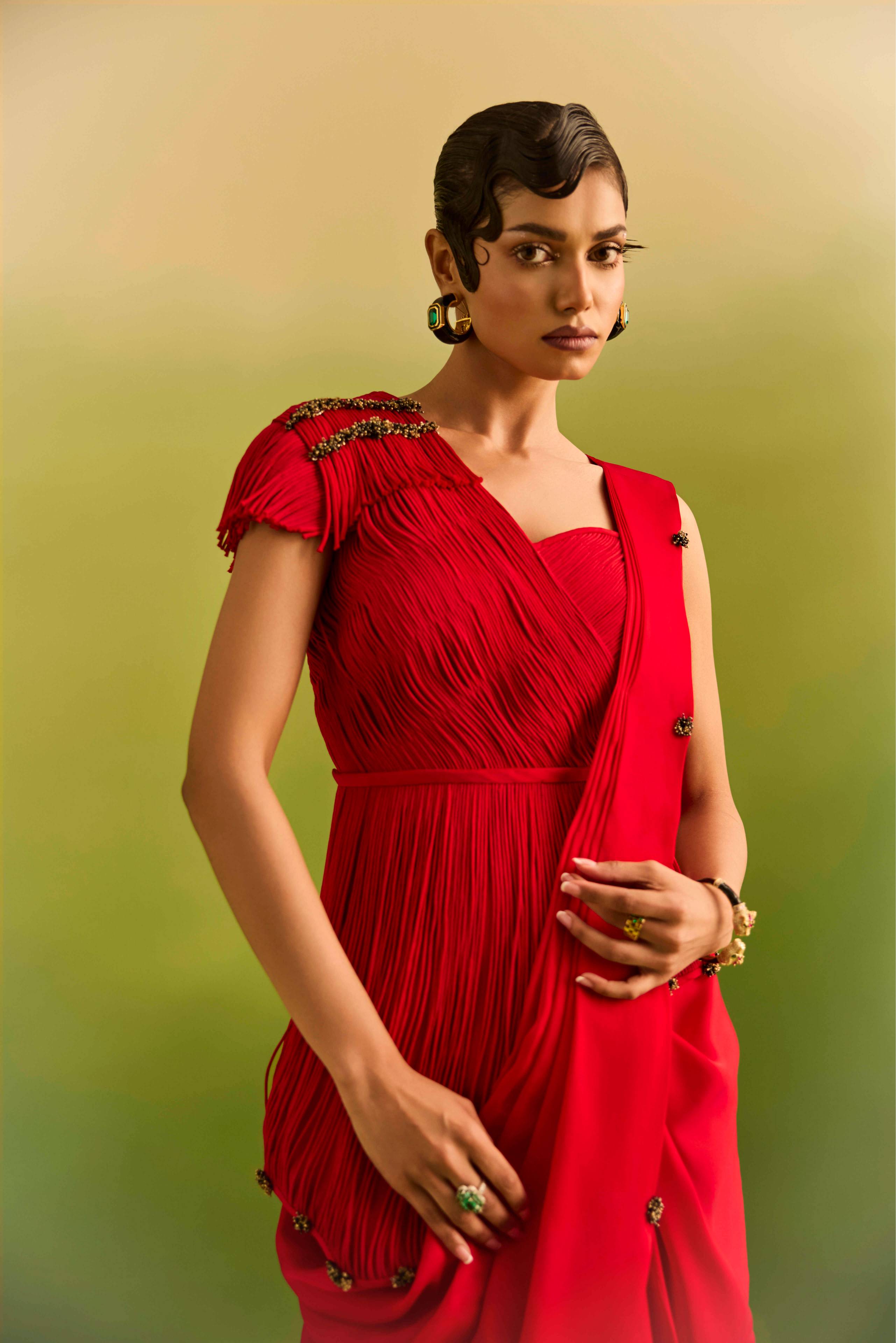 Red Dori Peplum with Drape Saree set