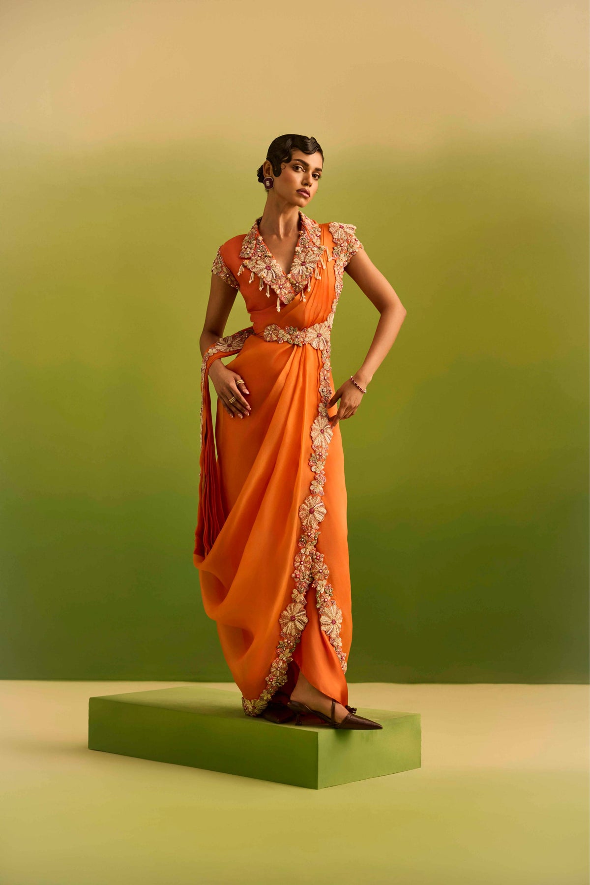 Orange draped saree set