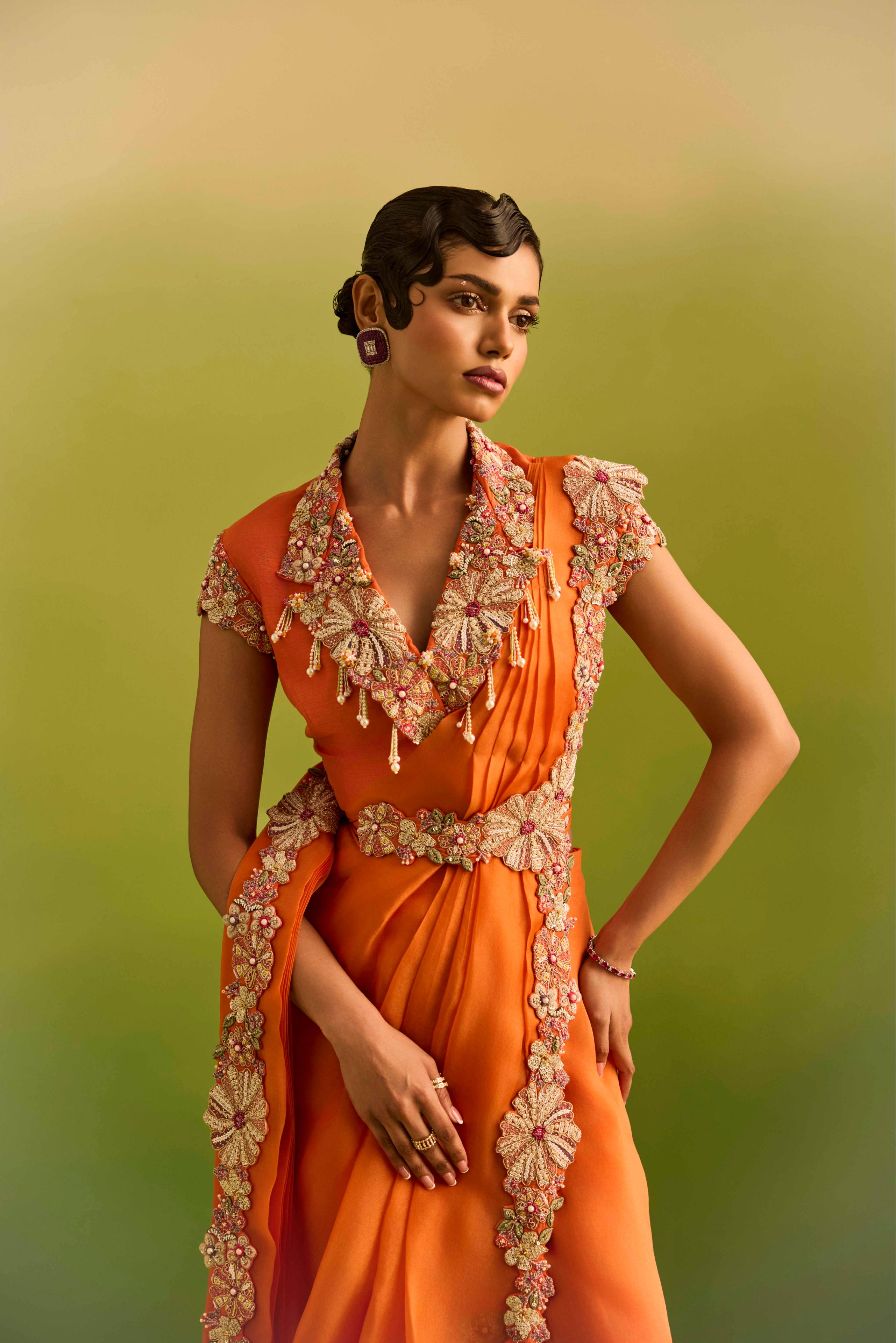 Orange draped saree set