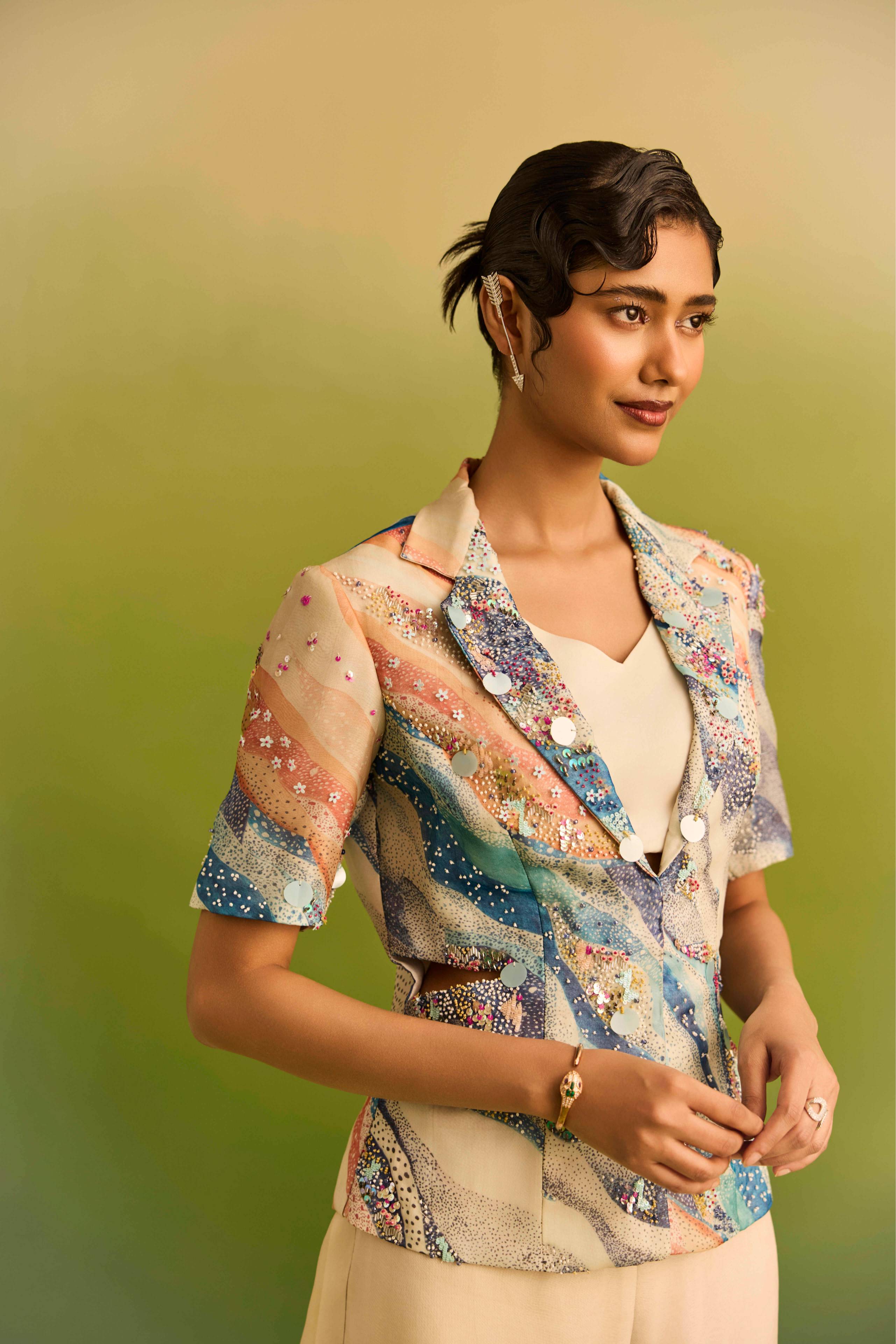 Oceanic Print Cutout Jacket with Pant