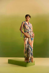 Oceanic Print Dori Sleeves Jacket & Drape Skirt
