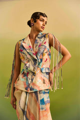 Oceanic Print Dori Sleeves Jacket & Drape Skirt