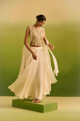 Ivory Side Pleeting Skirt with Gold Emb Top