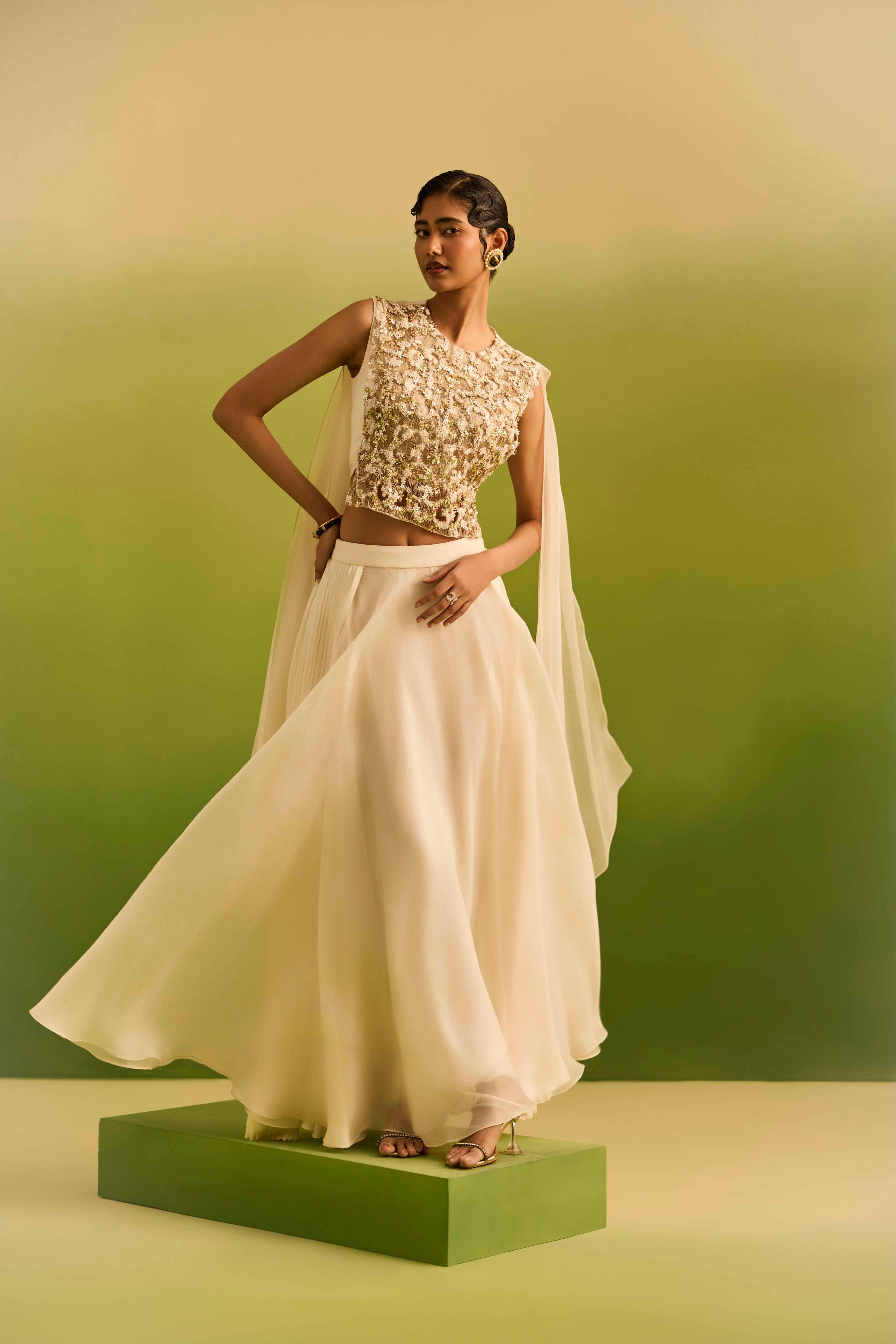 Ivory Side Pleeting Skirt with Gold Emb Top