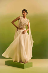 Ivory Side Pleeting Skirt with Gold Emb Top