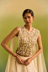 Ivory Side Pleeting Skirt with Gold Emb Top