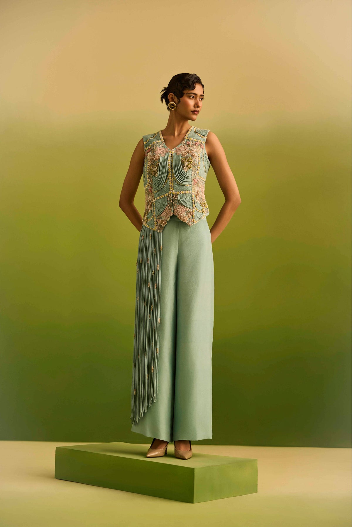 Aqua Side Fringe Jacket with Straight Pant