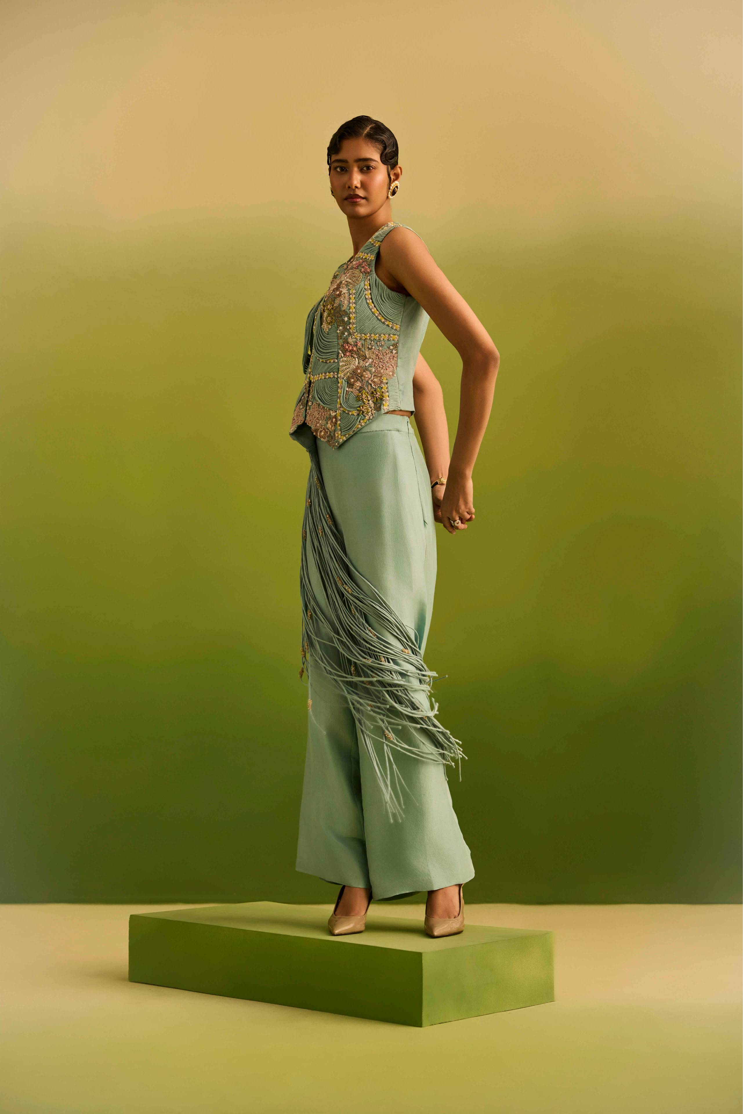 Aqua Side Fringe Jacket with Straight Pant