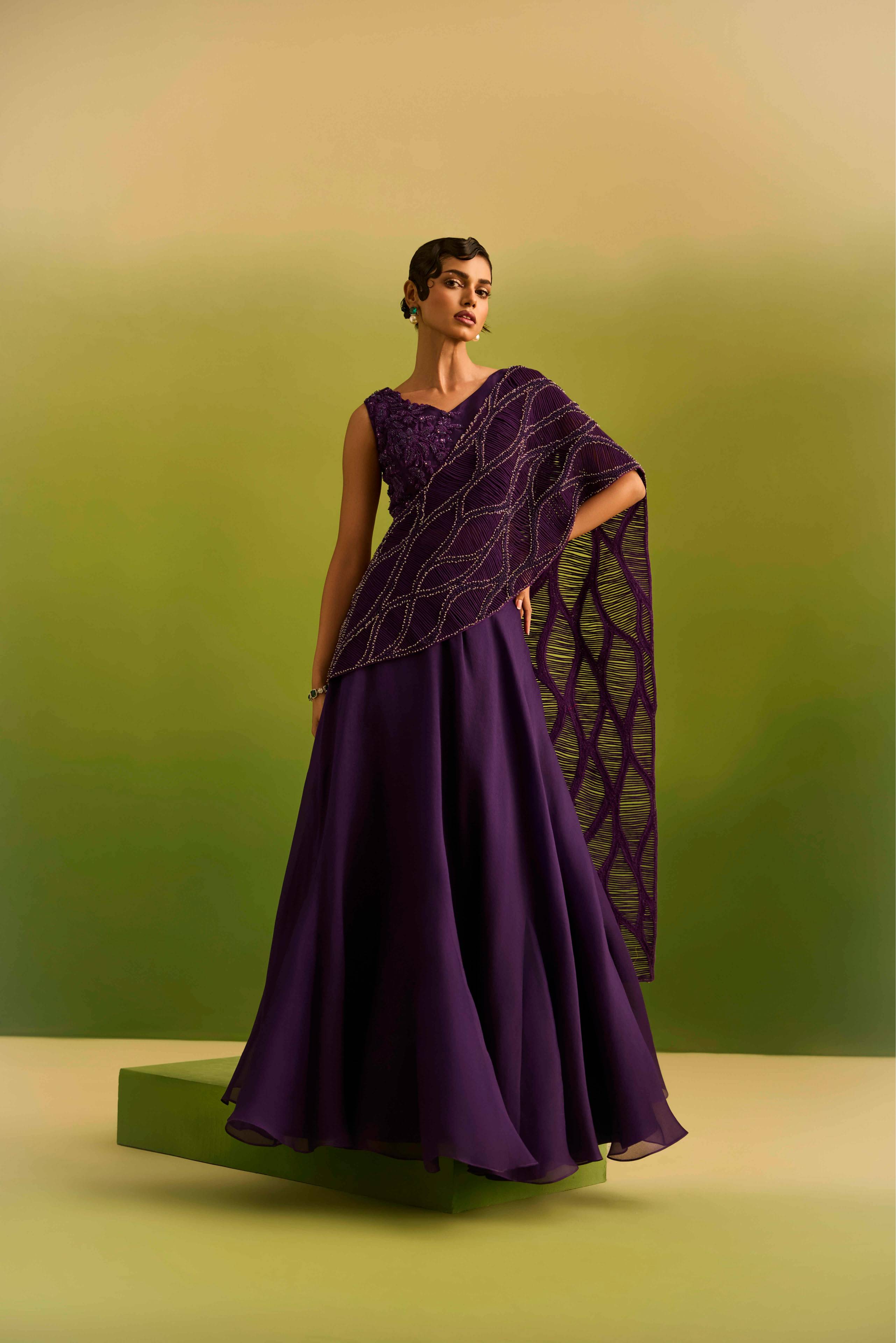 Purple Dori Emblished Palla Drape Saree Set