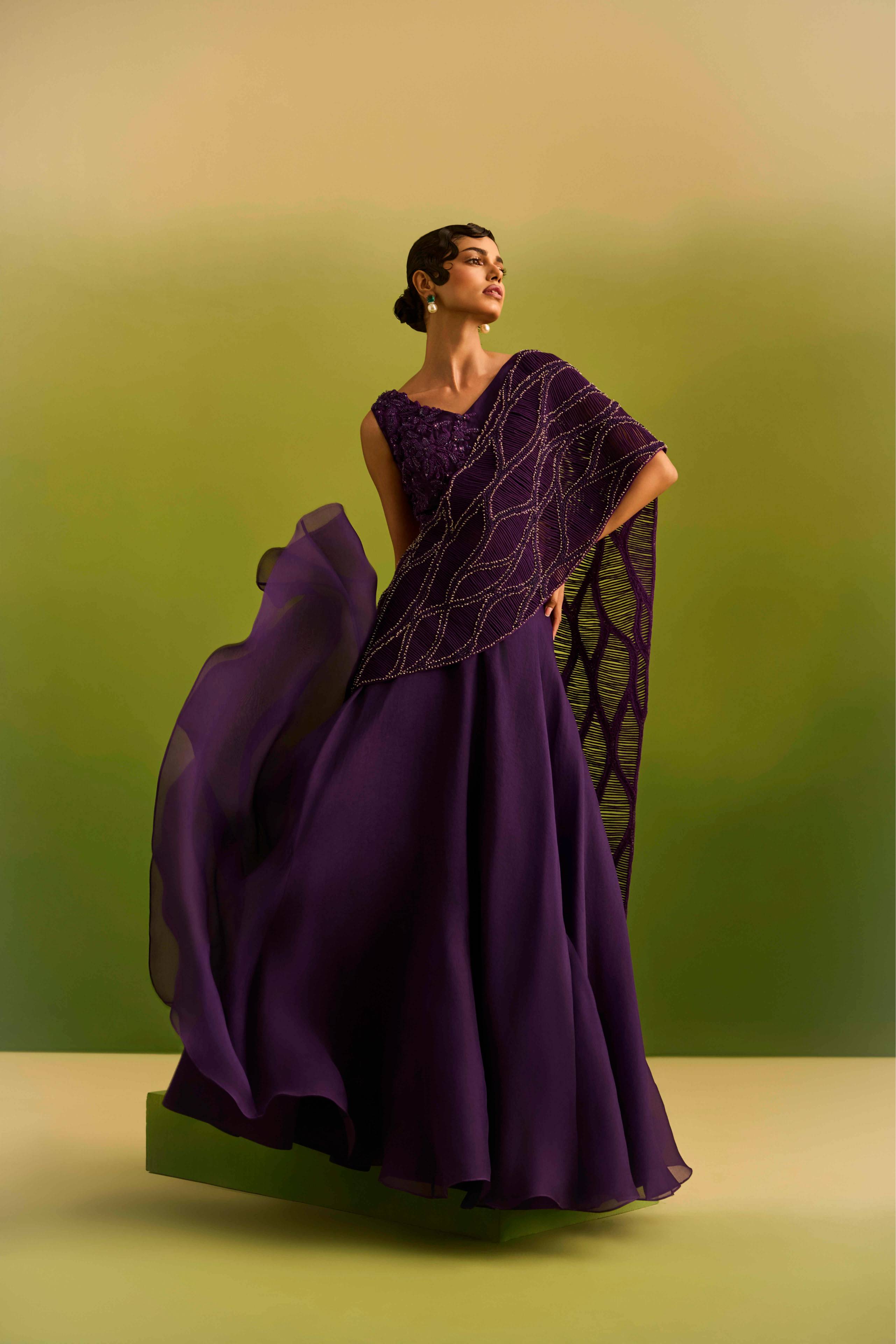 Purple Dori Emblished Palla Drape Saree Set