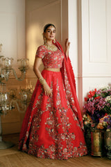 RED THREAD EMBROIDERED ORGANZA LEHENGA SET
