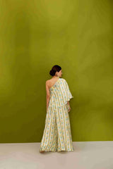 HAND EMBROIDERED MINT CANDY PRINT OFF SHOULDER TOP AND FLAP PANTS