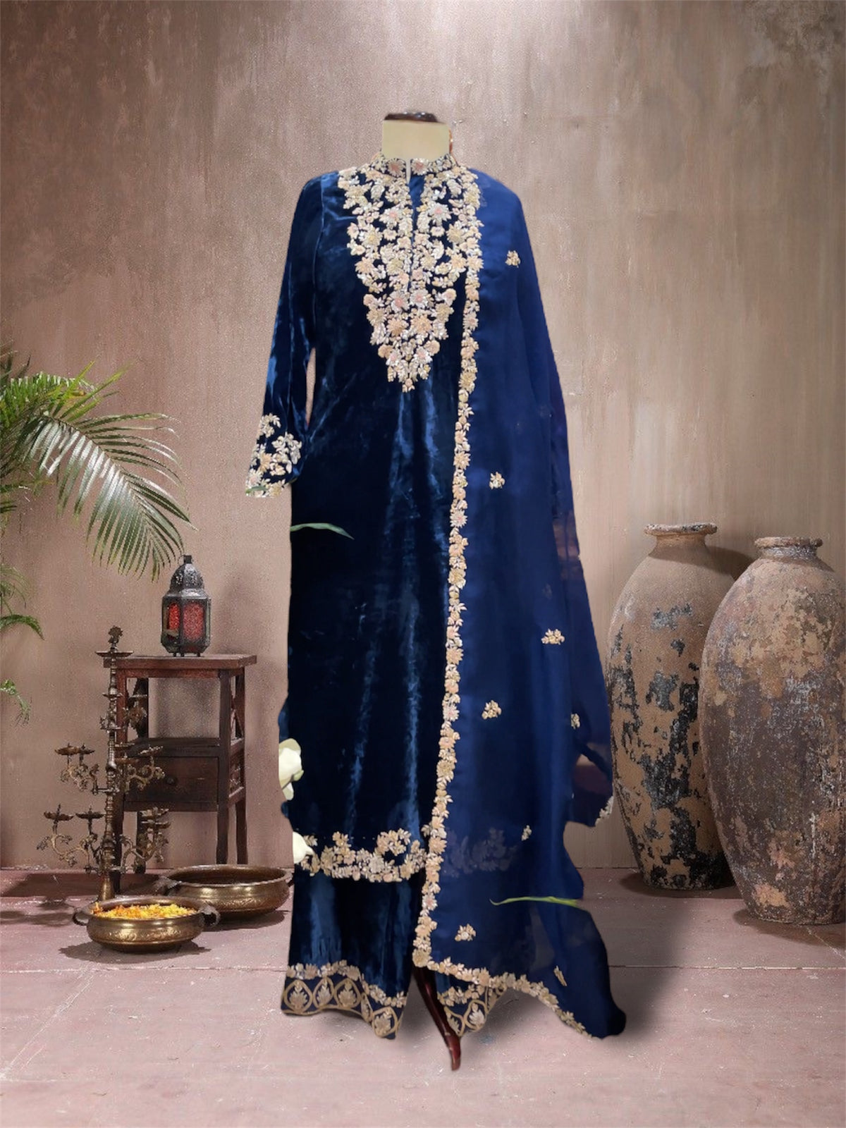navy blue hand embroidered kurta set