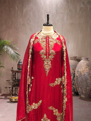 RED THREADWORK STRAIGHT KURTA SET