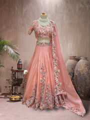 rose pink HAND EMBROIDERED PLACEMENT EMBROIDERY LEHENGA SET