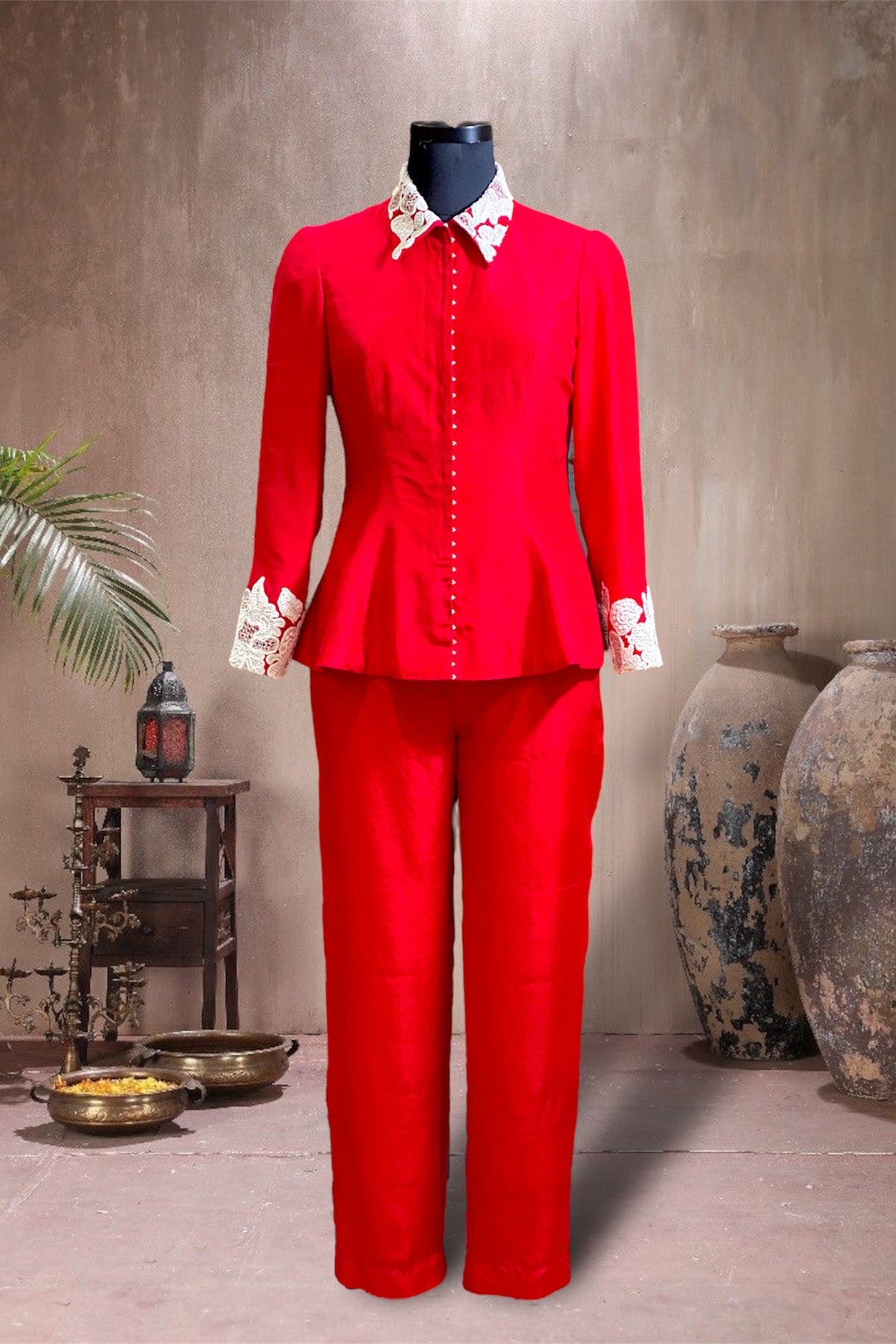 red peplum collar jacket set