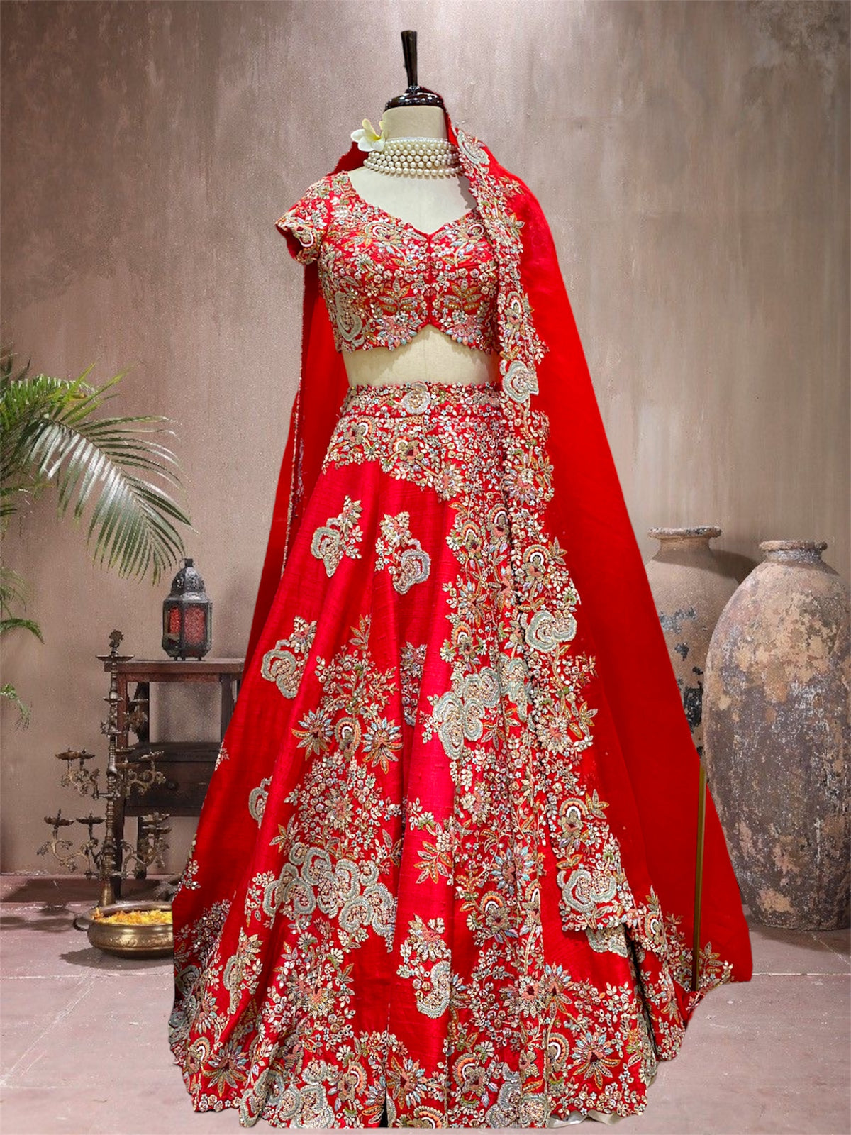 BRIDAL HAND EMBROIDERED RED PLACEMENT EMBROIDERED LEHENGA SET