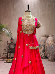 red peplum cape lehenga set.