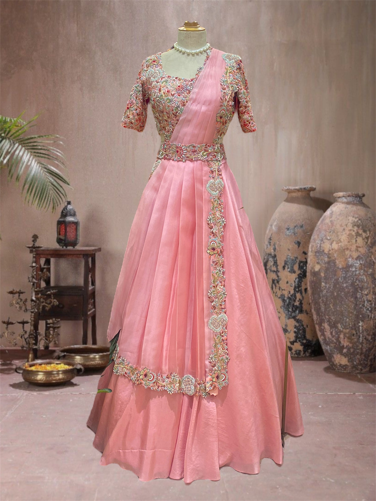 HAND EMBROIDERED LEHENGA SET WITH pleated sash  DUPATTA