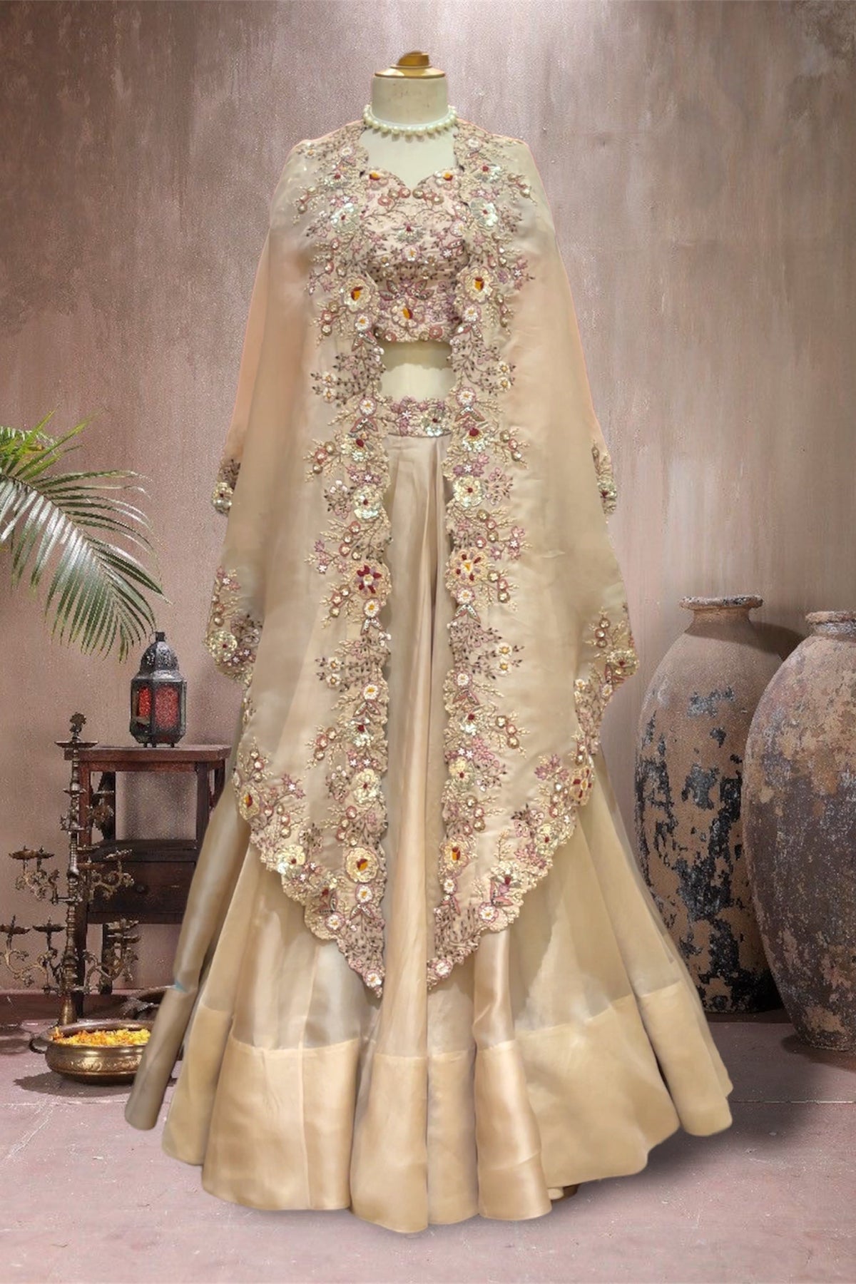 beige cape lehenga set